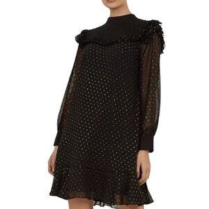 Ted Baker - Rebekha Joyous Ruffled Black Long Sleeve Polka Dots Dress Sz 2 US 6